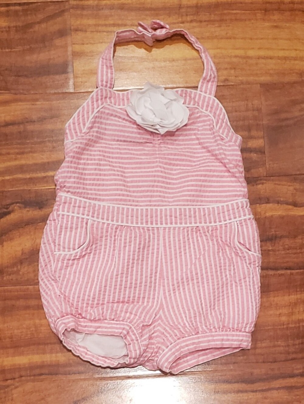 anie and Jack 2T pink striped halter romper with ivory piping